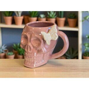 New Halloween LARGE Pink Skull Head W/ White Butterfly Coffee Tea Cup Mug